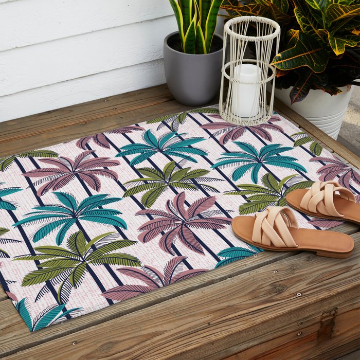 Retro Palm Springs vibes // white background highball green peacock blue and dry rose palm trees oxford navy blue lines Outdoor Rug Gallery Image 2