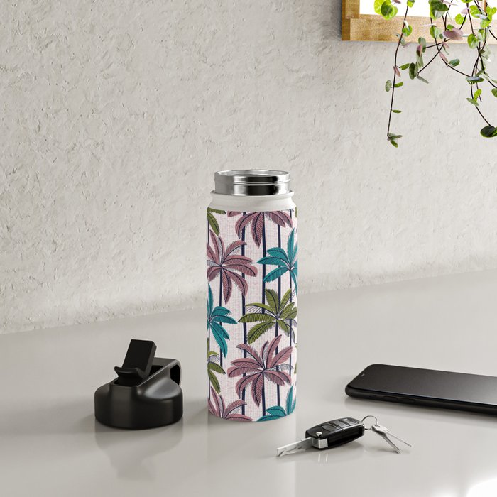 Retro Palm Springs vibes // white background highball green peacock blue and dry rose palm trees oxford navy blue lines Water Bottle Gallery Image 4