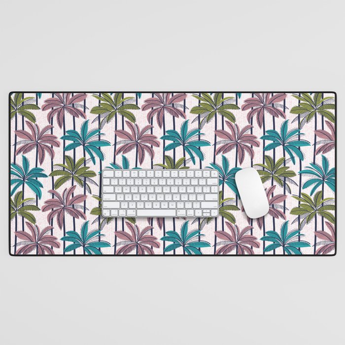 Retro Palm Springs vibes // white background highball green peacock blue and dry rose palm trees oxford navy blue lines Desk Mat Gallery Image 1