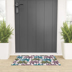 Retro Palm Springs vibes // white background highball green peacock blue and dry rose palm trees oxford navy blue lines Welcome Mat Gallery Image 3