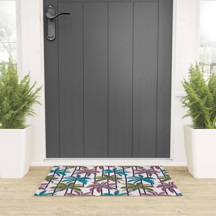 Retro Palm Springs vibes // white background highball green peacock blue and dry rose palm trees oxford navy blue lines Welcome Mat Gallery Image 3