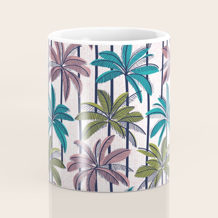 Retro Palm Springs vibes // white background highball green peacock blue and dry rose palm trees oxford navy blue lines Coffee Mug Gallery Image 4