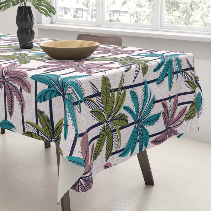 Retro Palm Springs vibes // white background highball green peacock blue and dry rose palm trees oxford navy blue lines Tablecloth Gallery Image 3