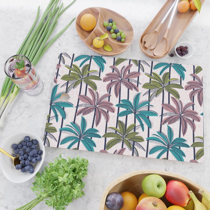 Retro Palm Springs vibes // white background highball green peacock blue and dry rose palm trees oxford navy blue lines Cutting Board Gallery Image 2