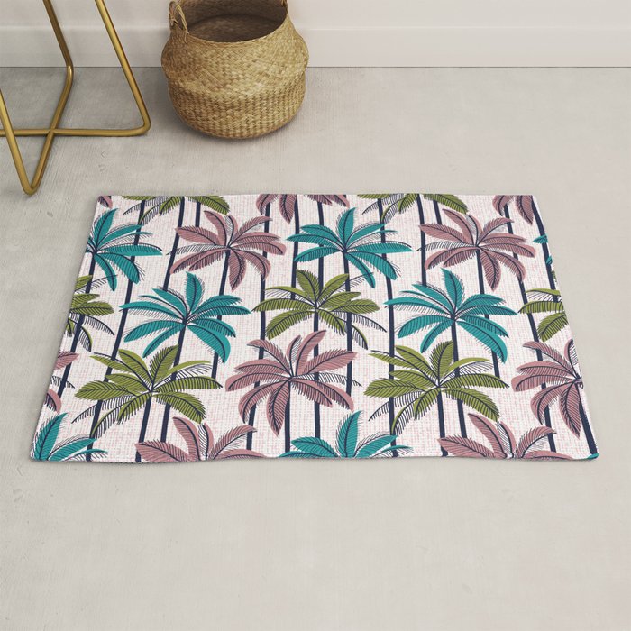 Retro Palm Springs vibes // white background highball green peacock blue and dry rose palm trees oxford navy blue lines Rug Gallery Image 1
