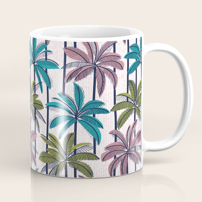 Retro Palm Springs vibes // white background highball green peacock blue and dry rose palm trees oxford navy blue lines Coffee Mug Gallery Image 1