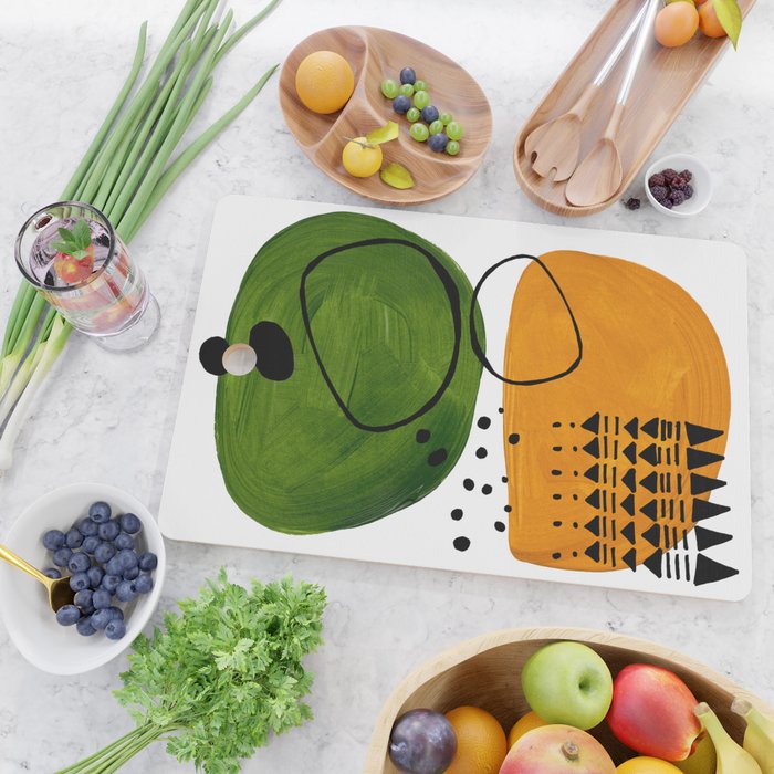 Modern Mid Century Fun Colorful Abstract Minimalist Painting Olive Green Yellow Ochre Buns Cutting Board Gallery Image 2