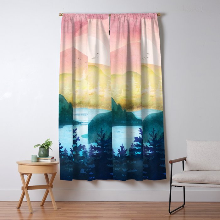 Lake beneath the towering hills Window Curtain Gallery Image 5