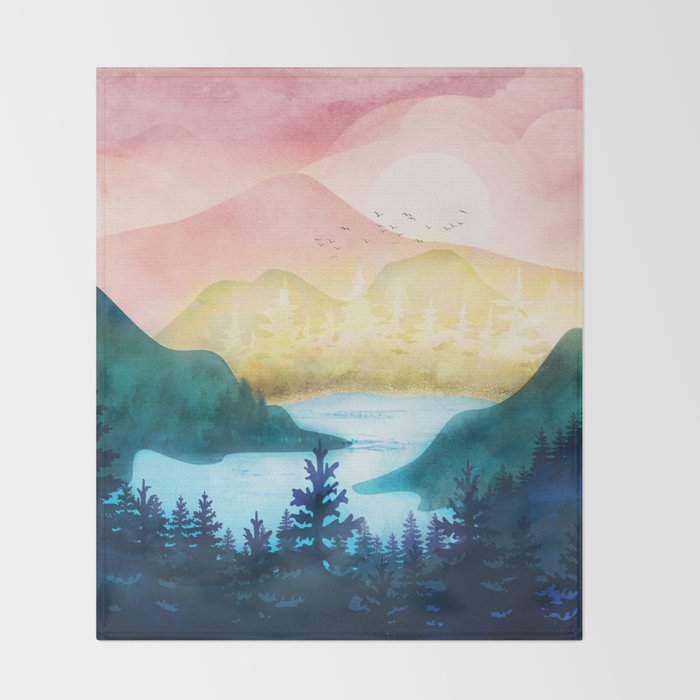 Lake beneath the towering hills Throw Blanket Gallery Image 2