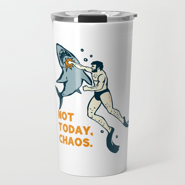 Not Today Chaos! Funny Man Punching Shark Tattoo Style Art Travel Mug Gallery Image 1
