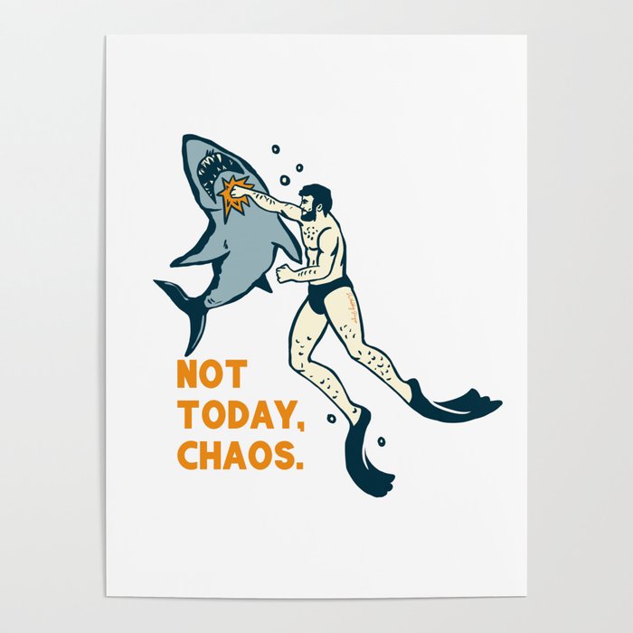 Not Today Chaos! Funny Man Punching Shark Tattoo Style Art Poster Gallery Image 4