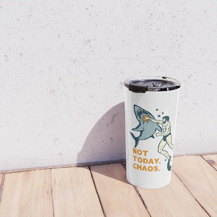 Not Today Chaos! Funny Man Punching Shark Tattoo Style Art Travel Mug Gallery Image 4