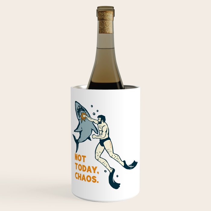 Not Today Chaos! Funny Man Punching Shark Tattoo Style Art Wine Chiller Gallery Image 1