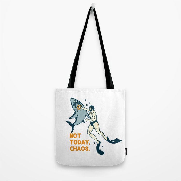 Not Today Chaos! Funny Man Punching Shark Tattoo Style Art Tote Bag Gallery Image 2
