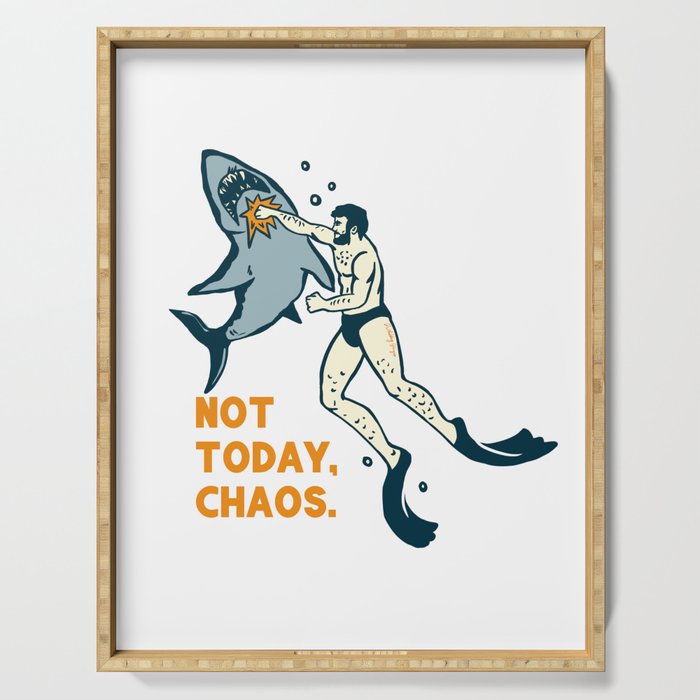 Not Today Chaos! Funny Man Punching Shark Tattoo Style Art Serving Tray Gallery Image 1