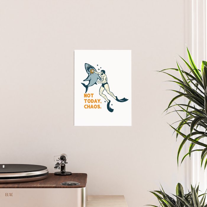 Not Today Chaos! Funny Man Punching Shark Tattoo Style Art Poster Gallery Image 2