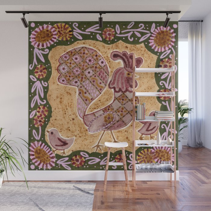 Rooster Painting in Forest Green - Folk Art Style Wall Mural Gallery Image 1