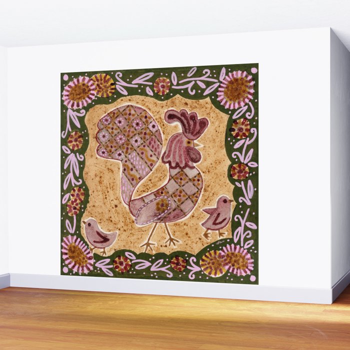 Rooster Painting in Forest Green - Folk Art Style Wall Mural Gallery Image 2