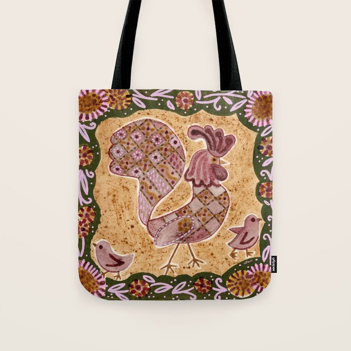 Rooster Painting in Forest Green - Folk Art Style Tote Bag Gallery Image 1