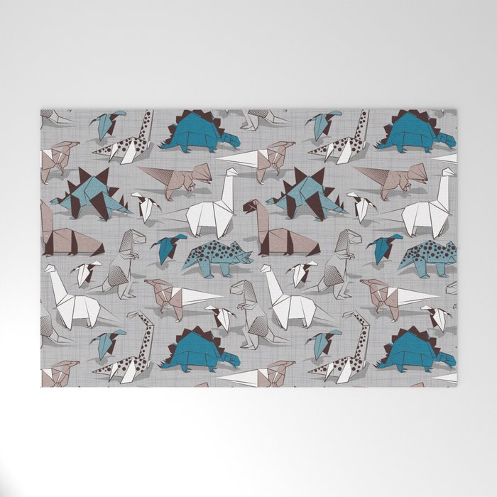 Origami dino friends // grey linen texture blue dinosaurs Welcome Mat Gallery Image 1