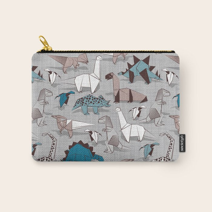 Origami dino friends // grey linen texture blue dinosaurs Carry All Pouch Gallery Image 1