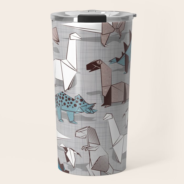 Origami dino friends // grey linen texture blue dinosaurs Travel Mug Gallery Image 1