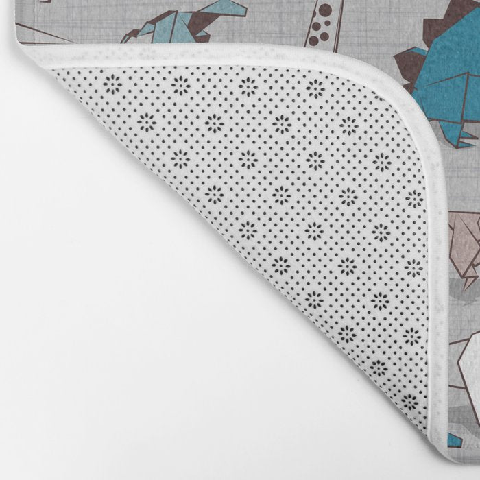 Origami dino friends // grey linen texture blue dinosaurs Bath Mat Gallery Image 2