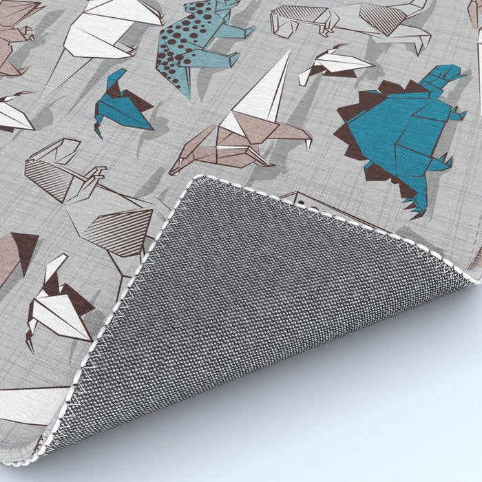 Origami dino friends // grey linen texture blue dinosaurs Rug Gallery Image 4