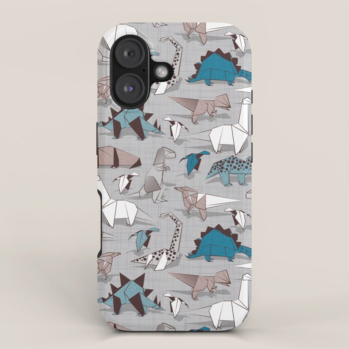 Origami dino friends // grey linen texture blue dinosaurs iPhone Case Gallery Image 1
