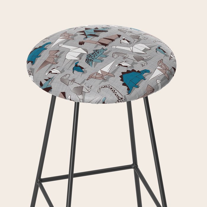 Origami dino friends // grey linen texture blue dinosaurs Stool Gallery Image 2