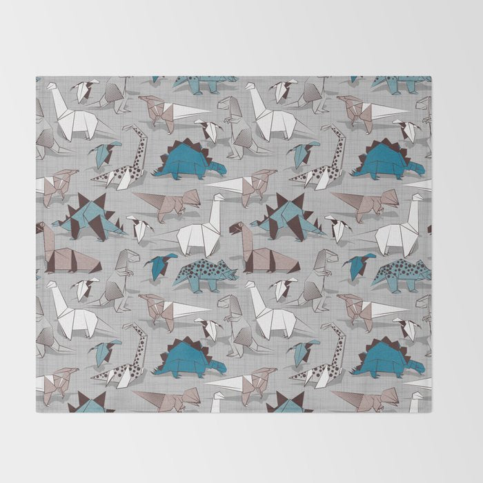 Origami dino friends // grey linen texture blue dinosaurs Throw Blanket Gallery Image 2