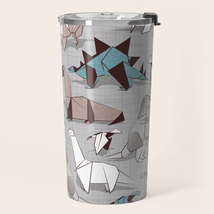 Origami dino friends // grey linen texture blue dinosaurs Travel Mug Gallery Image 2
