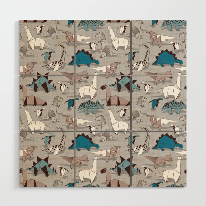 Origami dino friends // grey linen texture blue dinosaurs Wood Wall Art Gallery Image 1
