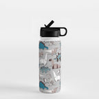 Origami dino friends // grey linen texture blue dinosaurs Water Bottle Gallery Image 1