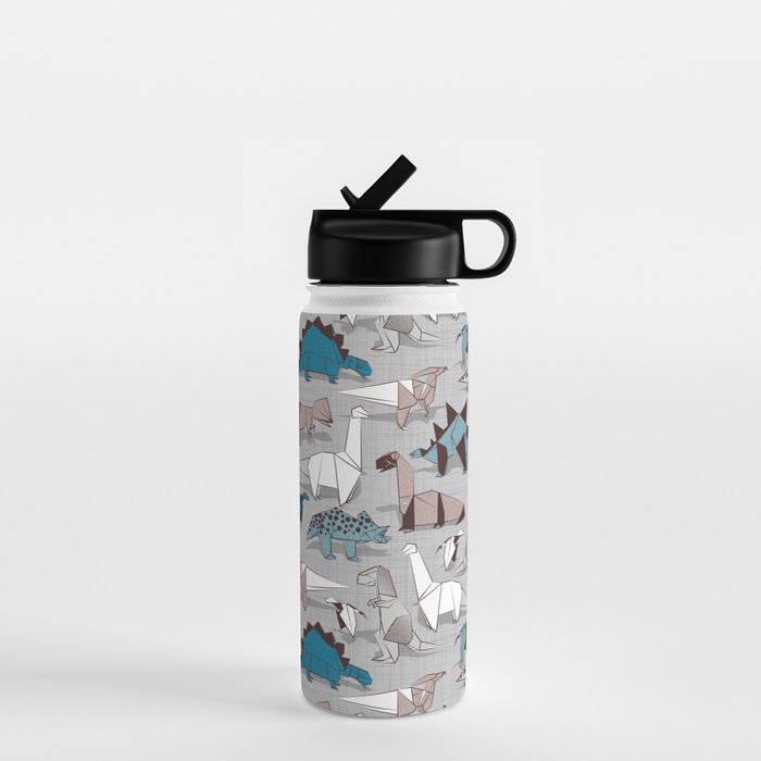 Origami dino friends // grey linen texture blue dinosaurs Water Bottle Gallery Image 1