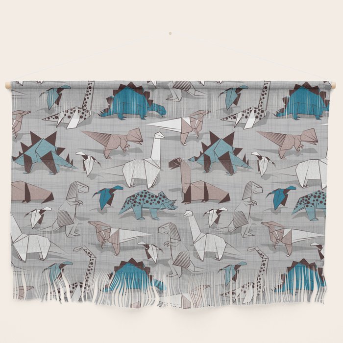 Origami dino friends // grey linen texture blue dinosaurs Wall Hanging Gallery Image 1
