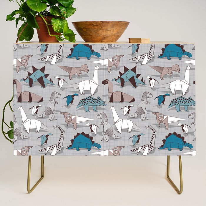 Origami dino friends // grey linen texture blue dinosaurs Credenza Gallery Image 1