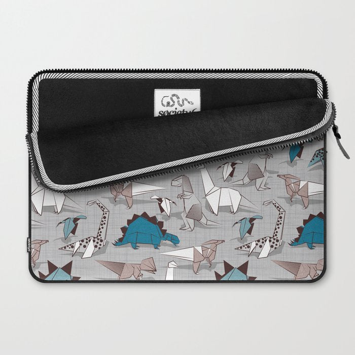 Origami dino friends // grey linen texture blue dinosaurs Laptop Sleeve Gallery Image 2