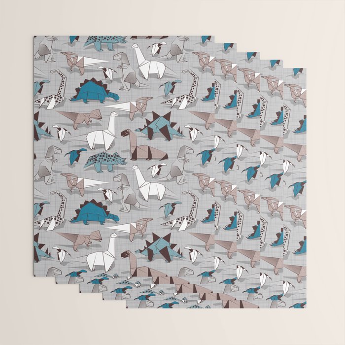 Origami dino friends // grey linen texture blue dinosaurs Wrapping Paper Gallery Image 3