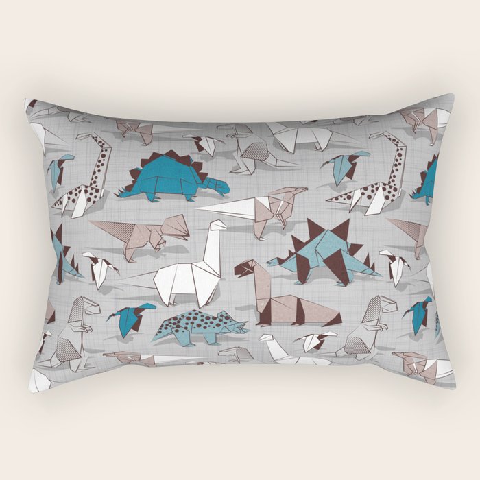 Origami dino friends // grey linen texture blue dinosaurs Rectangular Pillow Gallery Image 2