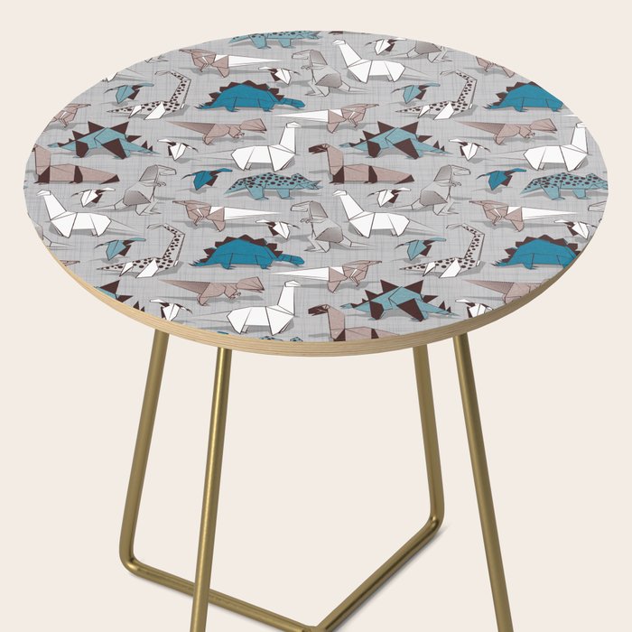 Origami dino friends // grey linen texture blue dinosaurs Side Table Gallery Image 2