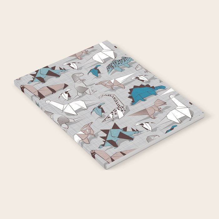 Origami dino friends // grey linen texture blue dinosaurs Notebook Gallery Image 2
