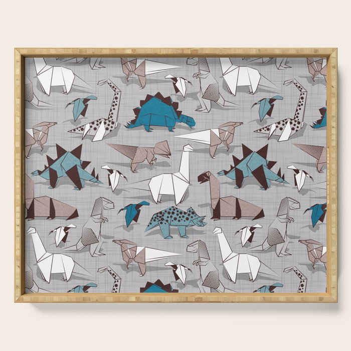 Origami dino friends // grey linen texture blue dinosaurs Serving Tray Gallery Image 1