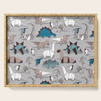 Origami dino friends // grey linen texture blue dinosaurs Serving Tray Gallery Image 1
