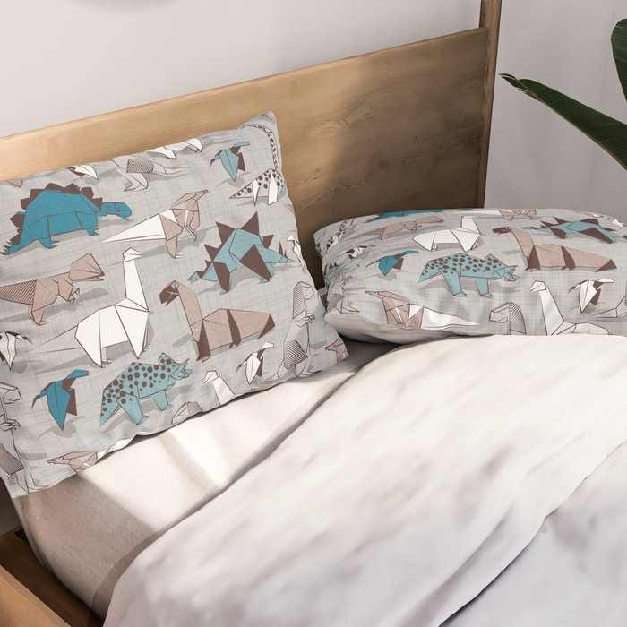 Origami dino friends // grey linen texture blue dinosaurs Pillow Sham Gallery Image 2