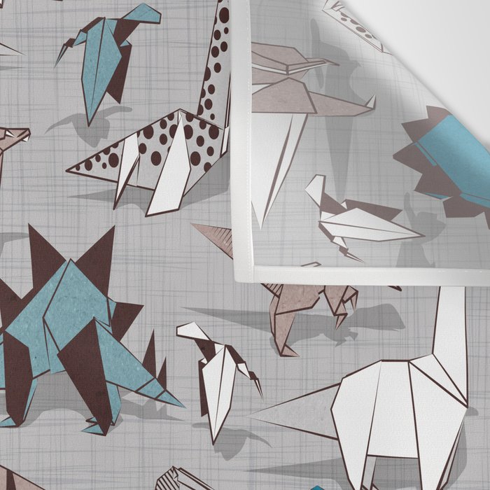Origami dino friends // grey linen texture blue dinosaurs Wall Tapestry Gallery Image 3
