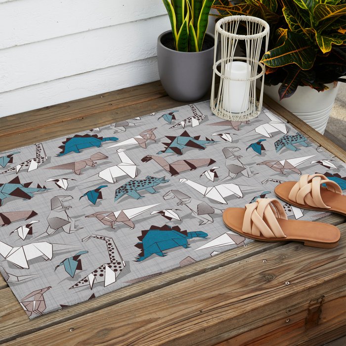 Origami dino friends // grey linen texture blue dinosaurs Outdoor Rug Gallery Image 2