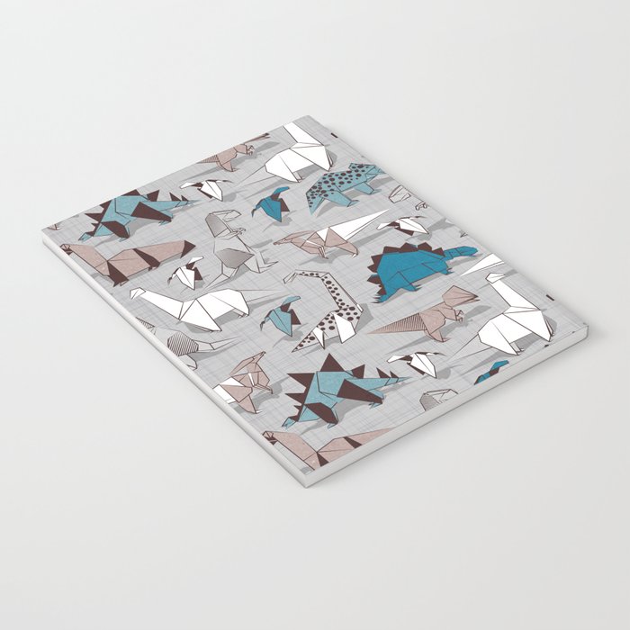 Origami dino friends // grey linen texture blue dinosaurs Notebook Gallery Image 3