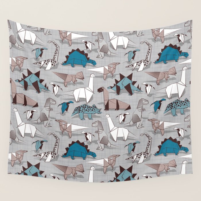 Origami dino friends // grey linen texture blue dinosaurs Wall Tapestry Gallery Image 1