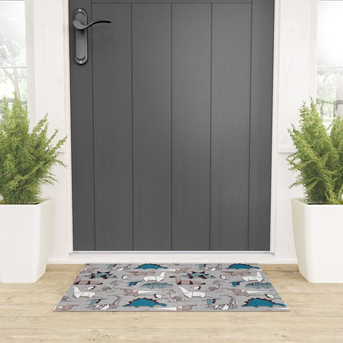 Origami dino friends // grey linen texture blue dinosaurs Welcome Mat Gallery Image 3